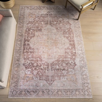 Rora Pale Pink Square Synthetic Washable Area Rug, 6' x 6'