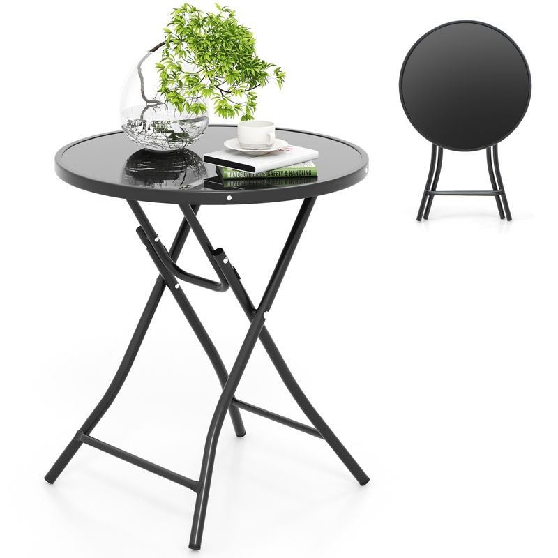 Costway 23'' Round Folding Table Outdoor Patio Bistro Table with Tempered Glass Tabletop, 1 of 10