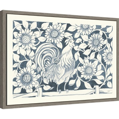 Rustic Farmhouse Blue and White Canvas Rooster Print with Gray Frame