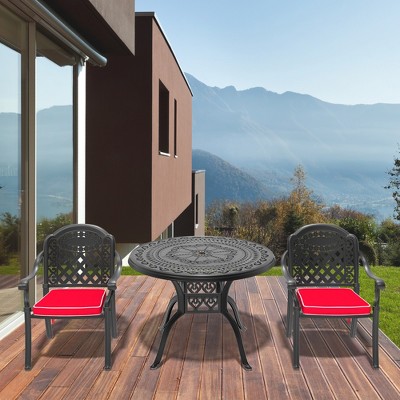ACEPANO 3-Pieces Aluminum Patio Dining Coffee Table Set With Umbrella Hole, Red Cushions-Black