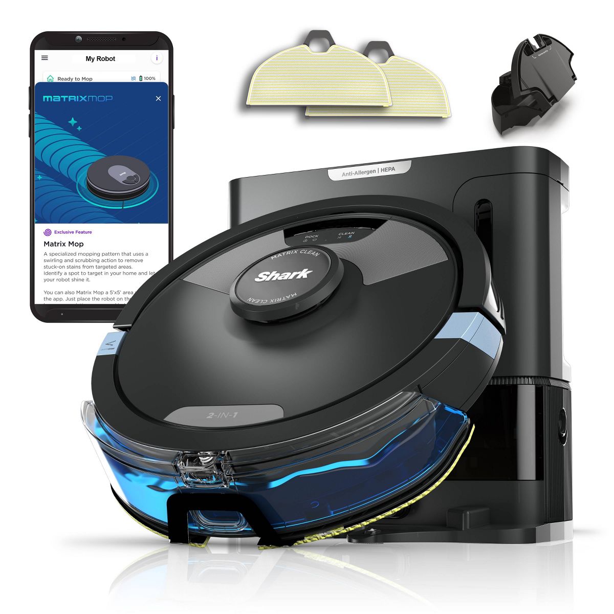 Shark Matrix Plus 2in1 Robot Vacuum & Mop with Sonic Mopping, Matrix Clean, HEPA Bagless Self Empty - RV2610WA