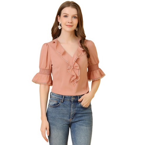 Allegra K Women's Tie Ruffle V Neck Puff Sleeve Casual Blouse Light Pink  Small : Target