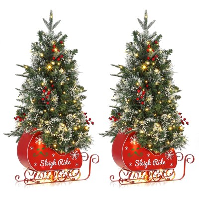 2Pcs 4.5 Ft Pre-Lit Artificial Christmas Tree with 85 Clear Lights,Timer,Pine Cones and Sleigh Base