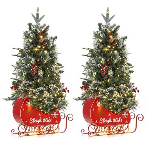 2Pcs 4.5 Ft Pre-Lit Artificial Christmas Tree with 85 Clear Lights,Timer,Pine Cones and Sleigh Base - 1 of 4