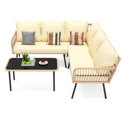 COZONY 4-Piece L-Shaped Patio Set with Glass Table and Cushions, Rattan Outdoor Sectional Sofa for Balcony Porch Backyard
