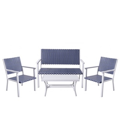 Coastal 4pc Wicker Patio Conversation Set - White/Navy - Teamson Home