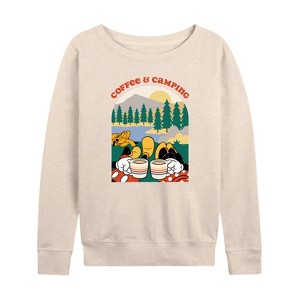 Women's - Disney - Coffee And Camping Lightweight French Terry Wide Neck Long Sleeve Shirt - 1 of 4