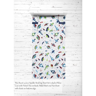 Bacati - Airspace Aqua Navy Green Red 3 pc Toddler Bed Sheet Set