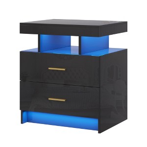 Fredees LED Nightstand with Wireless Charging, USB Ports, 2 Drawers, Suspended Design, Customizable 3-Color Light Strip, High Gloss Surface - 1 of 4