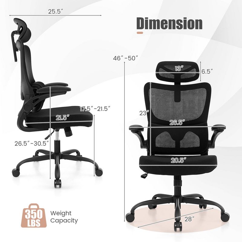 Costway Mesh Office Chair with Adaptive Lumbar Support Flip-up Padded Armrests Headrest, 3 of 11