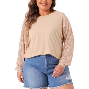 Agnes Orinda Women's Plus Size Crew Sparkle Sequin Long Sleeve Shimmer Glitter Party Shirts Blouses - 1 of 4
