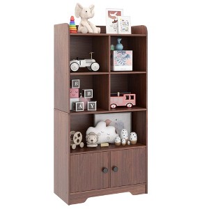 Costway 4-Tier Bookshelf 2-Door Storage Cabinet with4 Cubes Display Shelf for Home Office - 1 of 4