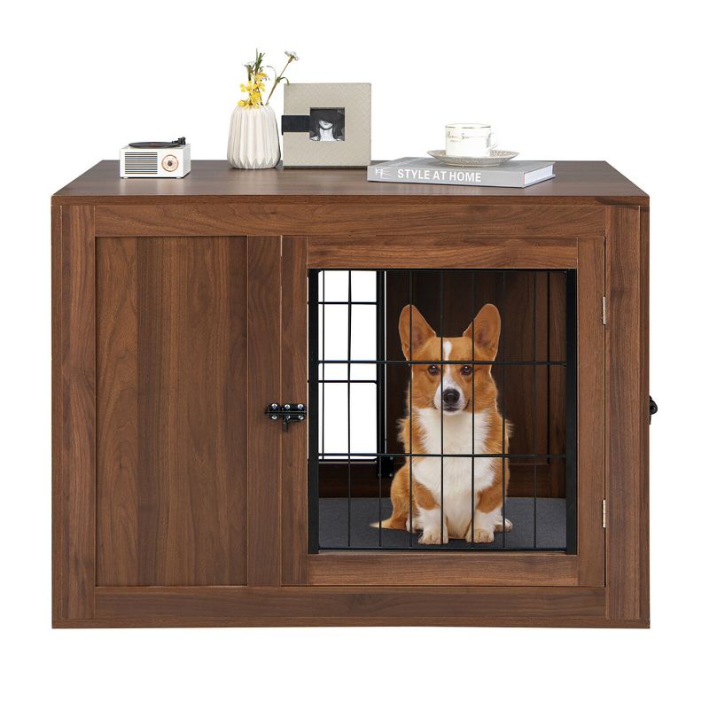 Tangkula Dog Crate Furniture Wooden Pet Kennel Cage End Table w/ Cushion& Double Doors, 1 of 11