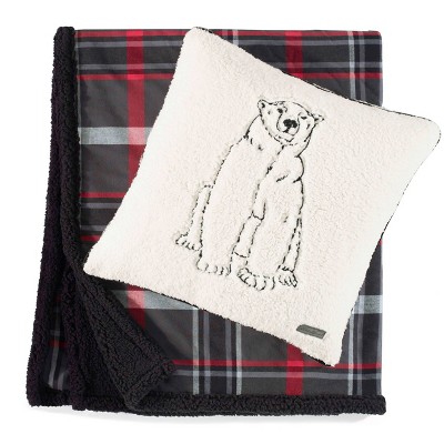 Gray and Red Plaid Sherpa Fleece Reversible Throw Blanket, 50"x60"