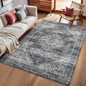 Washable Floral Rug - Non-Slip Low Pile Ultra Thin Carpet Stain Resistant Floor Cover for Living Room Bedroom Dining Room Playroom Office - 1 of 4