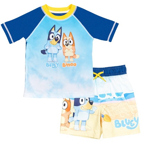Bluey and Bingo Little Boys Raglan Pullover Swim Rash Guard Swim Trunks Blue 7-8