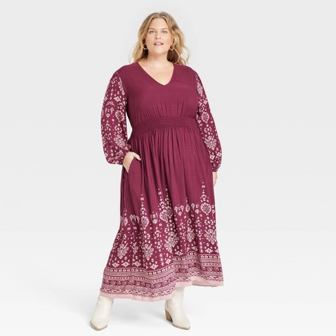 Women's Long Sleeve Smocked Maxi Dress - Knox Rose™ Purple Floral