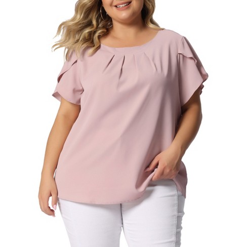 Agnes Orinda Women s Plus Size Casual Fit Elegant Pleated Petal Short Sleeve Office Work Blouses Pink 4X