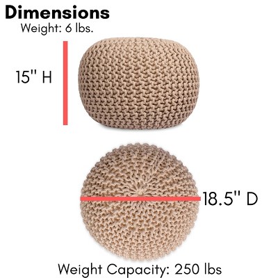 Natural Hand-Knitted Cotton Bean Bag Pouf - 19" Round