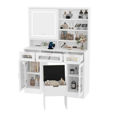 AZL1 Life Concept Vanity Table Easy Assembly Modern Aesthetic with Sliding Mirror 3 Drawers 2 Cabinets Stool for Bedroom, White, 47.24"*27.55"*8.46"