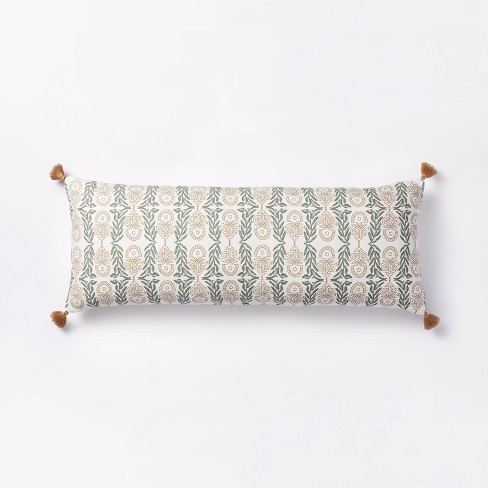 Oversized Oblong Watercolor Wood Block with Tassels Decorative Throw Pillow Camel/Light Teal - Threshold™ designed with Studio McGee - image 1 of 4