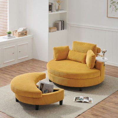 VYNXARIA 51-inch Yellow corduroy sofa with two throw pillows and a waist pillow with an extra tray for comfortable seating in small apartment bedrooms