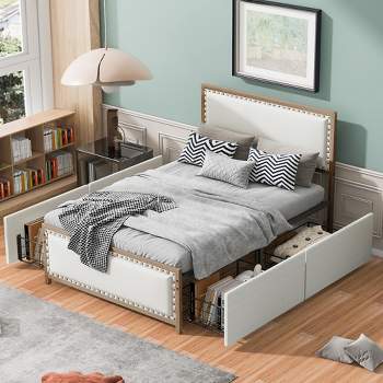 Full/Queen Size Upholstery Platform Bed with Nailhead Decoration and Four Drawers on Two Sides, Brown, 4W -ModernLuxe