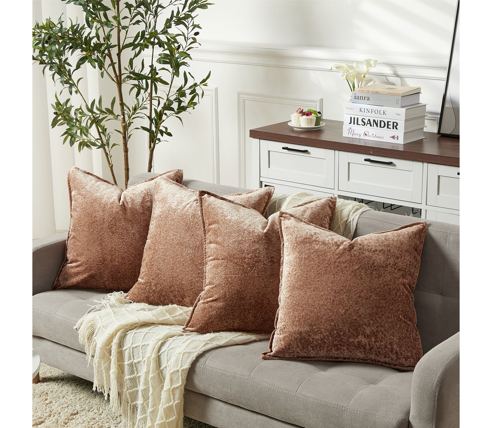 4-Pack Chenille Throw Pillow Covers 20x20 Inch, Thickened Soft Square Cushion Cases, Neutral  Accent Pillows for Sofa Couch Bedroom, Only Cover