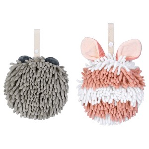 REGALWOVEN 2 Packs Fluffy Chenille Rabbit Shape Cute Soft Absorbent Hanging Ball Hand Towels 7" x 7" - 1 of 4