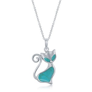Bella Silver Sterling Silver Created Turquoise Cat 18" Pendant Necklace - Blue - 1 of 2