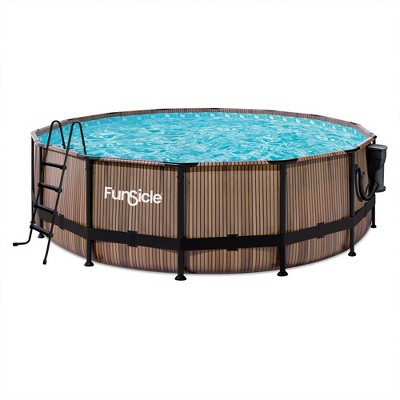 Funsicle 16' x 48" Oasis Designer Outdoor Round Frame Above Ground Swimming Pool Set with SkimmerPlus Filter Pump, Ladder, & Pool Cover, Natural Teak