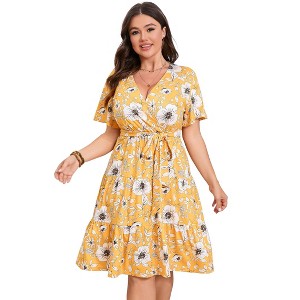BLUEMING Plus Size Womens Dresses V Neck Floral Flutter Sleeve Midi Surplice Dress Waist Belted Floral Tie Waist Dress Bell Sleeve Dress Flowy Dress - 1 of 4