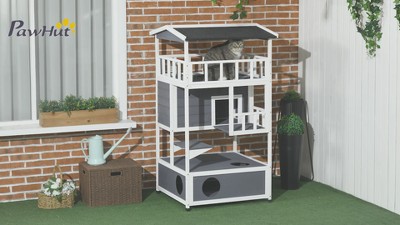 Gray and White Wooden 4-Floor Outdoor Cat House with Asphalt Roof
