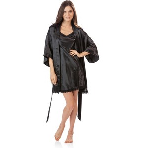 Ashford & Brooks Women's 2 Piece Satin Robe and Nightie Set - Black - Large - 1 of 4