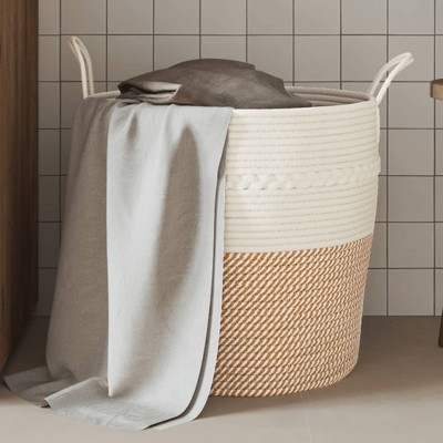 Aghana Digitals Brown & White Woven Cotton Storage Basket - 16.9x15in Round, Collapsible with