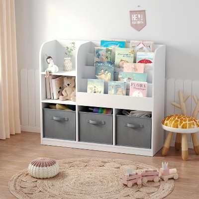 Acekool 3-Tier Bookshelf with Collapsible Fabric Drawers, Bookcase & Toy Organizer for Bedroom, Playroom, Hallway, White