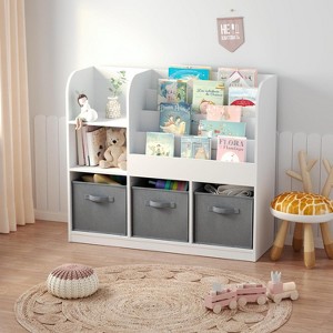 Acekool 3-Tier Bookshelf with Collapsible Fabric Drawers, Bookcase & Toy Organizer for Bedroom, Playroom, Hallway, White - 1 of 4
