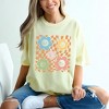 Simply Sage Market Women's Checkered Flowers and Smiley Short Sleeve Garment Dyed Tee - 2 of 4
