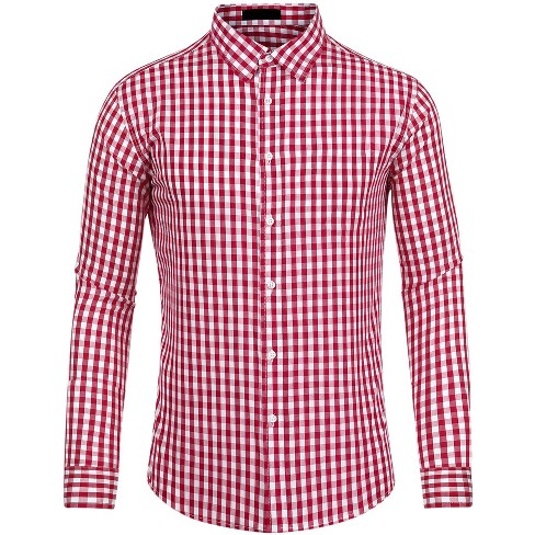 Lars Amadeus Men s Button Down Long Sleeves Gingham Plaid Dress Shirts Red White Small