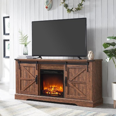 TV Stand with Fireplace for 65+ Inch TV, Farmhouse Entertainment Center with 18" Fireplace & Sliding Door, Wood TV Consoles for Living Room