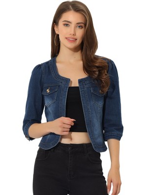 INSPIRE CHIC Women's Collarless Pockets 3/4 Sleeve Denim Jackets