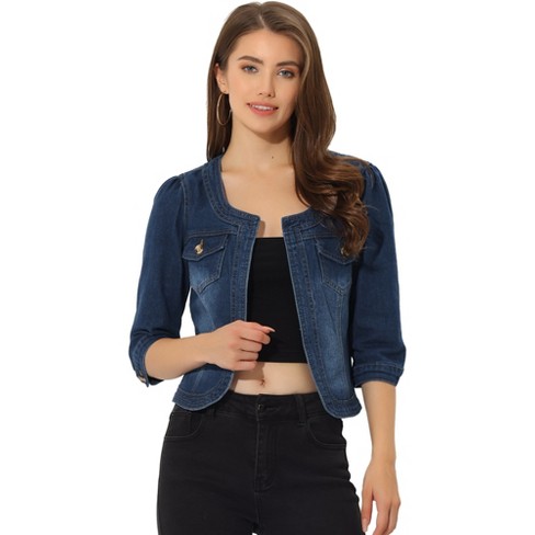 Allegra K Women s Collarless Pockets 3 4 Sleeve Denim Jackets Dark Blue Medium Target