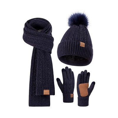 Fisfet Winter Beanie Hat Scarf Gloves Set for Women, Pom Pom Beanie Fleece Lined Knit Neck Warmer Touchscreen Gloves 3 in 1 Gift Set
