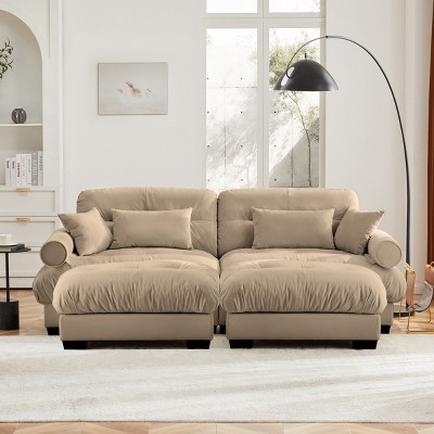 Modern 2 Seater Sofa With Ottoman, Sectional Sofas Large With 2 Ottoman, Large L Shape Sofa With Waist Pillow And Throw Pillows-Cuddlewood