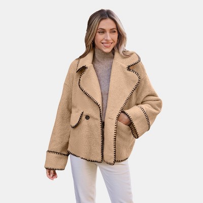 Women's Chic Camel Oversized Coat with Contrast Stitching - Cupshe