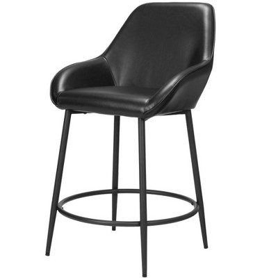 HomeRoots Set of Two 25" Black Faux Leather And Steel Counter Height Bar Chairs