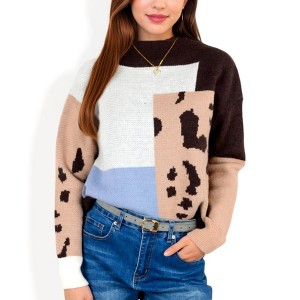 Anna-Kaci Women's Color Block Knit Sweater with Animal Print - 1 of 4