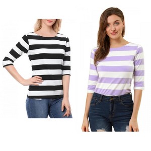 Allegra K Women's Casual Basic Elbow Sleeves Boat Neck Slim Fit T-Shirts 2 Packs - 1 of 4