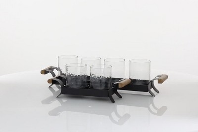 Black Metal and Wood Candle Holder Set with Glass Sleeves