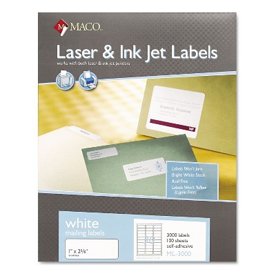 MACO White Laser/Inkjet Shipping & Address Labels 1 x 2 5/8 3000/Box ML3000
